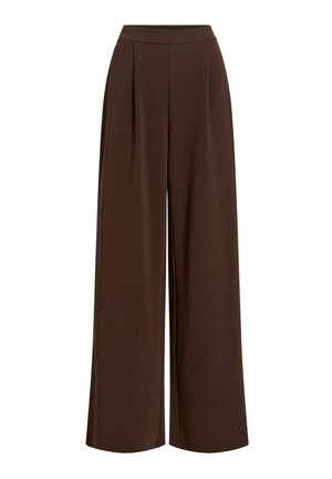 Brązowe spodnie z wysokim stanem i szerokimi nogawkami, z zakładkami z przodu i dopasowanym pasem na białym tle.