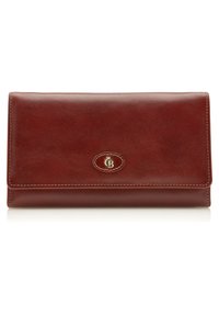 Portafoglio in pelle di colore rosso scuro, caratterizzato da una superficie liscia, design piegato e un logo ovale prominente in oro sul davanti.