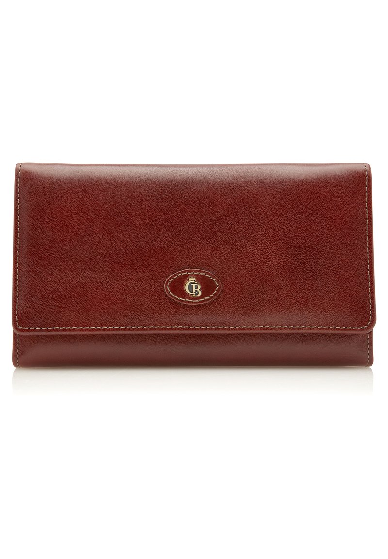 Portafoglio in pelle di colore rosso scuro, caratterizzato da una superficie liscia, design piegato e un logo ovale prominente in oro sul davanti.