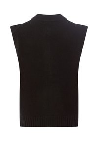Schwarzes ärmelloses Stricktop mit einem gerippten Kragen und Saum, glatter Textur und einem schlichten, minimalistischen Design.
