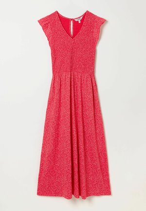 Rode midi-jurk met korte kapmouwtjes, V-halslijn, geplooide taille en subtiele kleine witte bloemenprint.