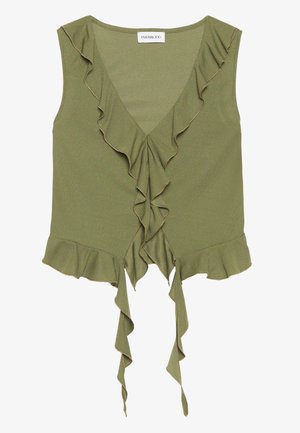 Top sans manches olive avec un col en V, des bords volants et un détail à nouer à l'avant. Fabriqué en tissu doux et léger.
