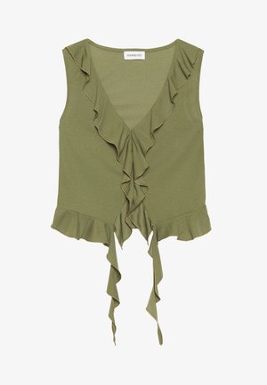 Olijfgroen mouwloos topje met een V-hals, ruches aan de randen en een strikdetail aan de voorkant. Gemaakt van zachte, lichte stof.