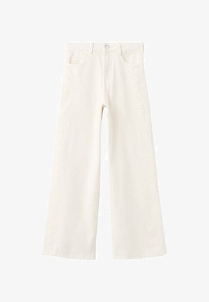 Wide-leg, off-white jeans made of denim with side embroidery detailing, featuring a button closure and classic five-pocket design.