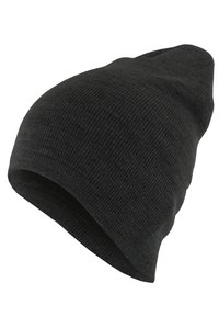 Gray knitted beanie hat with a soft texture, tapered shape, and folded cuff. Material appears stretchy and lightweight. No visible patterns or accents.
