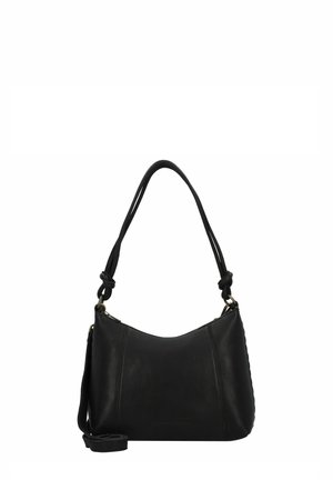 Sac à épaule en cuir noir avec une texture lisse, un design incurvé, une bandoulière nouée et une sangle longue réglable supplémentaire.
