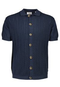 Granatowy kardigan na krótki rękaw z dzianiny o wzorze warkocza, z pięcioma guzikami, ściągaczem na dole i przy mankietach, wykonany z miękkiej, fakturowanej tkaniny.