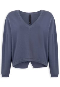 Fialový top s véčkovým výstřihem, dlouhými rukávy a spadlými rameny, s prohnutým lemem a žebrovanými manžetami, vyrobený z měkké, lehké tkaniny.