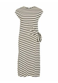 Pasiasta midi sukienka w jasnym kremowym kolorze z czarnymi paskami, z wiązaniem w talii i krótkimi rękawami. Gładki materiał w luźnym kroju.