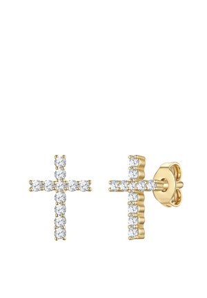 Goldene kreuzförmige Ohrstecker mit runden weißen Edelsteinen, Vorder- und Seitenansicht mit Schmetterlingsverschlüssen.