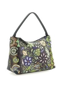 Borsa in pelle colorata con un motivo floreale e a spirale nei colori verde, blu, marrone e viola, dotata di una sola tracolla nera e chiusura con cerniera.