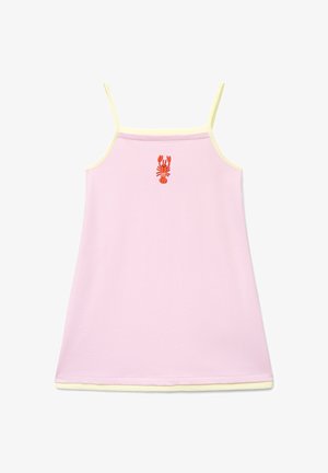 Vestito rosa chiaro senza maniche con rifinitura gialla. Presenta un ricamo di un'aragosta rossa al centro. Tessuto morbido, vestibilità casual.