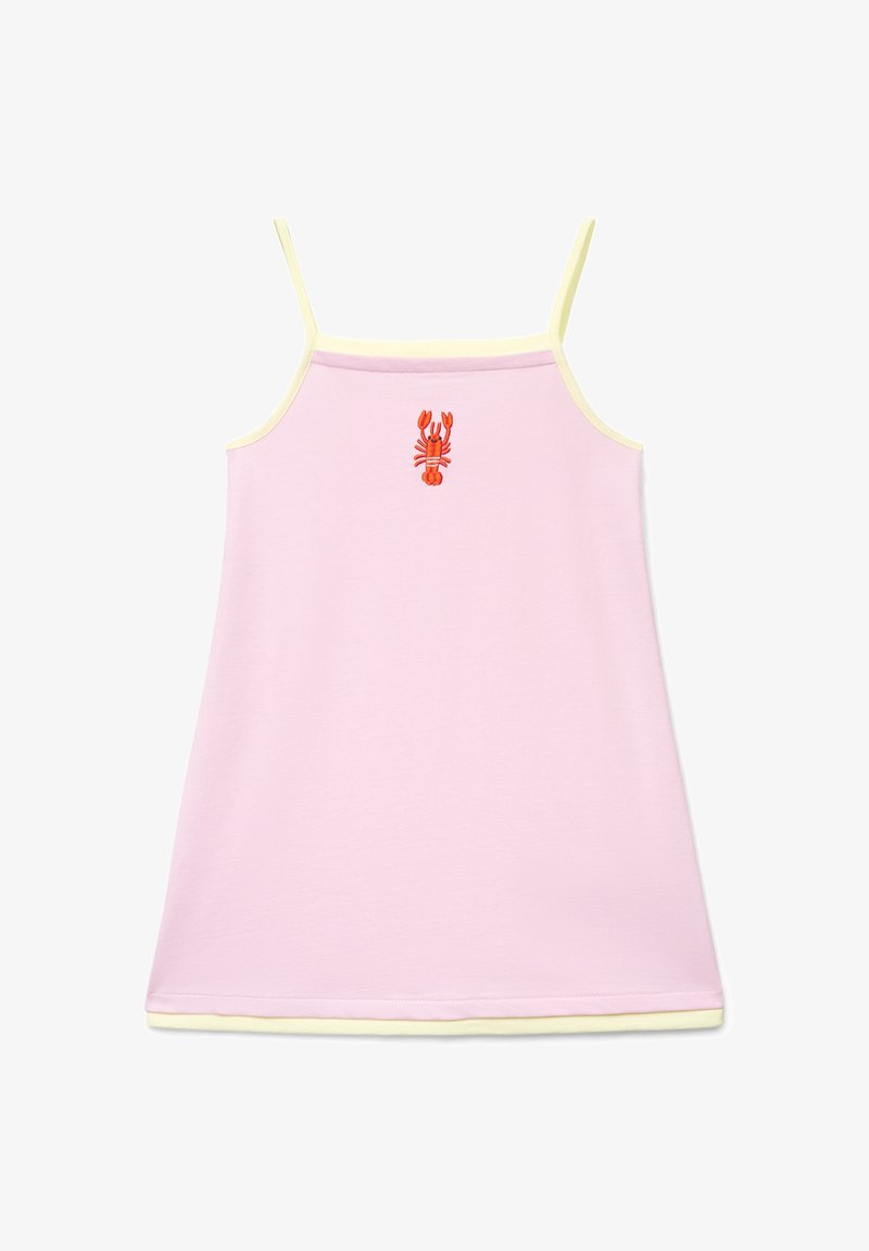 Vestito rosa chiaro senza maniche con rifinitura gialla. Presenta un ricamo di un'aragosta rossa al centro. Tessuto morbido, vestibilità casual.