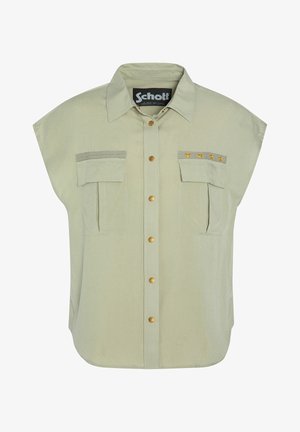 Lichtgroen shirt met korte mouwen, knoopsluiting, twee borstzakken, gouden knopen en decoratieve gele sterren op de schouderepauletten.