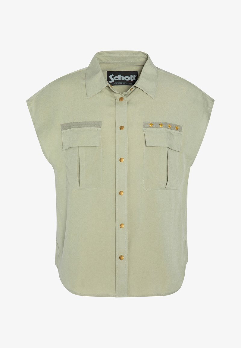 Camisa de manga curta verde-clara com fecho de botão, dois bolsos no peito, botões dourados e estrelas amarelas decorativas nos epaulettes.