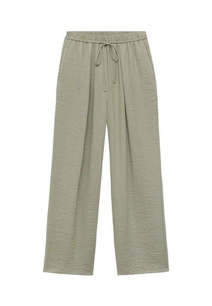 Pantalon large vert clair en tissu doux et texturé. Équipé d'une ceinture élastique avec un cordon de serrage pour un ajustement réglable.