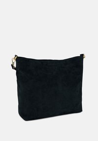 Black suede crossbody bag with a flat shape, zip closure, and gold-tone hardware. Soft texture with no additional patterns or accents.
