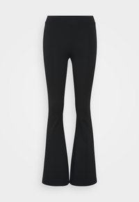 Zwarte uitlopende broek van rekbaar materiaal, met een hoge tailleband en een gladde textuur. De broek loopt uit vanaf de knie.