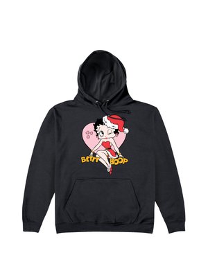 Sort hættejakke med et tegneserie-graphic af Betty Boop iført en rød kjole og en nissehat, med en baggrund af pink hjerter og teksten "Betty Boop".