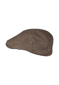 Brązowa tweedowa czapka typu flat cap z subtelnym wzorem w paski i małym, okrągłym metalowym logo po boku.