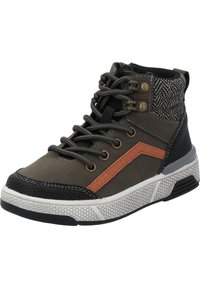 Lace-up High-Top-Sneaker in Dunkelgrün und Schwarz, mit einem orangefarbenen Akzent, strukturierter Stoffoberfläche und einer Gummisohle mit gepunktetem Muster.