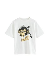 Weißes Baumwoll-T-Shirt mit einer Grafik eines Cartoon-Affen, der mit kräftigen schwarzen und goldenen Details versehen ist, und darunter stilisierte Schrift.