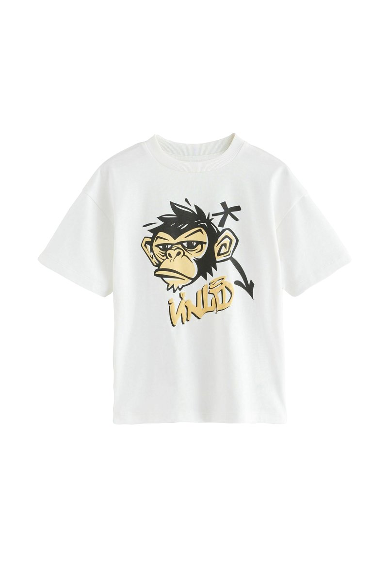 Weißes Baumwoll-T-Shirt mit einer Grafik eines Cartoon-Affen, der mit kräftigen schwarzen und goldenen Details versehen ist, und darunter stilisierte Schrift.