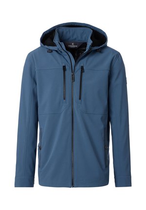 Blaue Kapuzenjacke mit Frontreißverschluss, zwei vertikalen Reißverschlusstaschen auf der Brust und Seitentaschen mit Druckknöpfen.