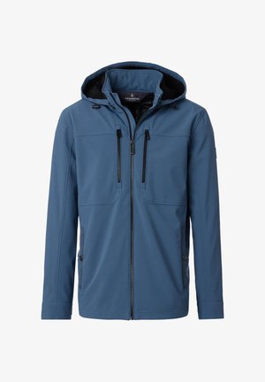 Blaue Kapuzenjacke mit Frontreißverschluss, zwei vertikalen Reißverschlusstaschen auf der Brust und Seitentaschen mit Druckknöpfen.