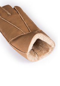 Brown leather glove with a soft, beige fur lining. Features three finger design and visible stitched accents along the seams.