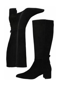 Botas de ante negro de tobillo y hasta la rodilla con punta afilada, tacón cuadrado y cremallera lateral; una tiene un detalle fruncido y cordones.