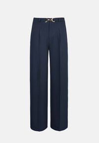Pantalon large bleu marine avec plis, doté d'une ceinture à anneau D doré et d'une coupe ajustée. Confectionné dans un tissu structuré.