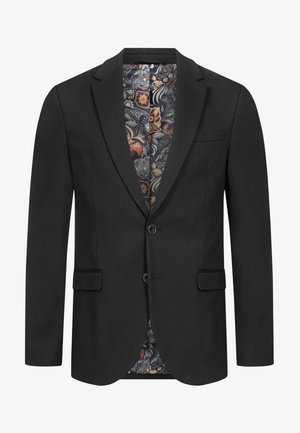 Black blazer featuring a notch lapel, double buttons, and a paisley print lining in shades of gray, orange, and beige. Two front pockets included.