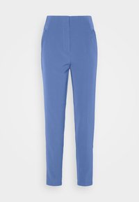 Blå skräddarsydda byxor med en slät textur, med hög midja, två sidofickor och en slim fit-design. Enfärgad tyg utan mönster.