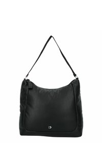 Sac à épaule en simili cuir noir avec un design décontracté, une seule sangle, un logo en relief et une texture lisse.