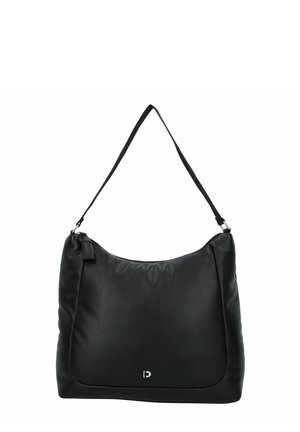 Fekete műbőr válltáska laza kialakítással, egyetlen pánttal, bélyegzett logóval és sima felülettel.