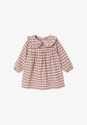 Rosa-weißer Karo-Kleid mit Kragen, langen Ärmeln, gerafftem Oberteil und elastischen Manschetten, aus leichtem Stoff gefertigt.