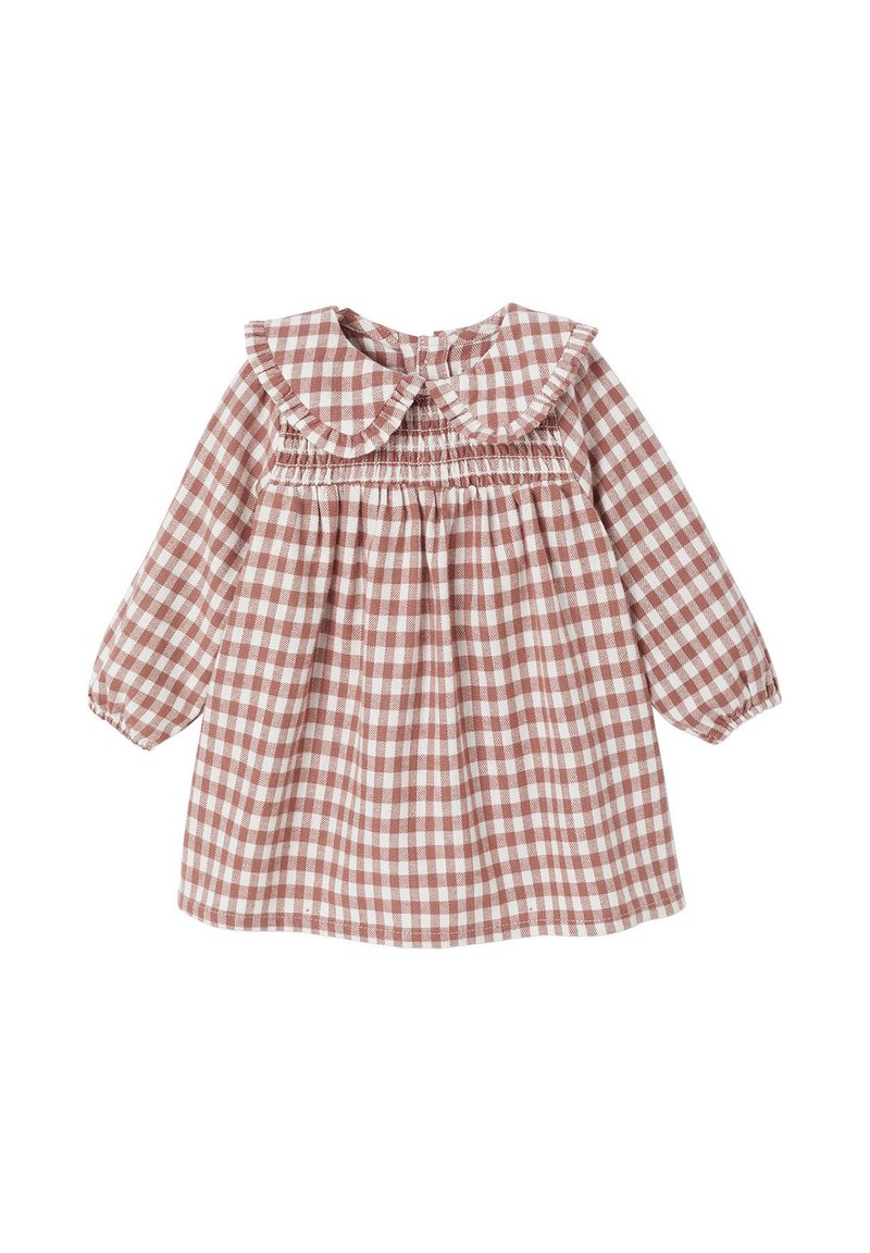 Rosa-weißer Karo-Kleid mit Kragen, langen Ärmeln, gerafftem Oberteil und elastischen Manschetten, aus leichtem Stoff gefertigt.