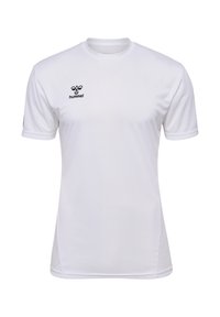 Witte sportshirt gemaakt van glad synthetisch materiaal met een ribbelige ronde hals en korte mouwen, voorzien van een zwart logo op de linkerkant van de borst.