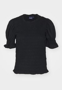 Top nero arricciato con maniche corte a sbuffo, scollo rotondo e texture arricciata, caratterizzato da un orlo frastagliato e un logo etichetta sul colletto.