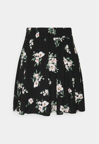 Gonna nera con un motivo floreale che presenta fiori bianchi e rosa, vita elastica e design plissettato per una vestibilità comoda.