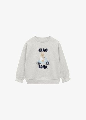 Šedá mikina s volánkovými manžetami, na přední straně s potiskem králíka na skútru a tmavě modrým vyšitým textem "CIAO ROMA". Měkká textura.