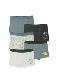 Set of five pairs of boys' cotton boxer shorts. Colors include gray, green, and blue. Features cartoon character prints and contrasting waistbands.