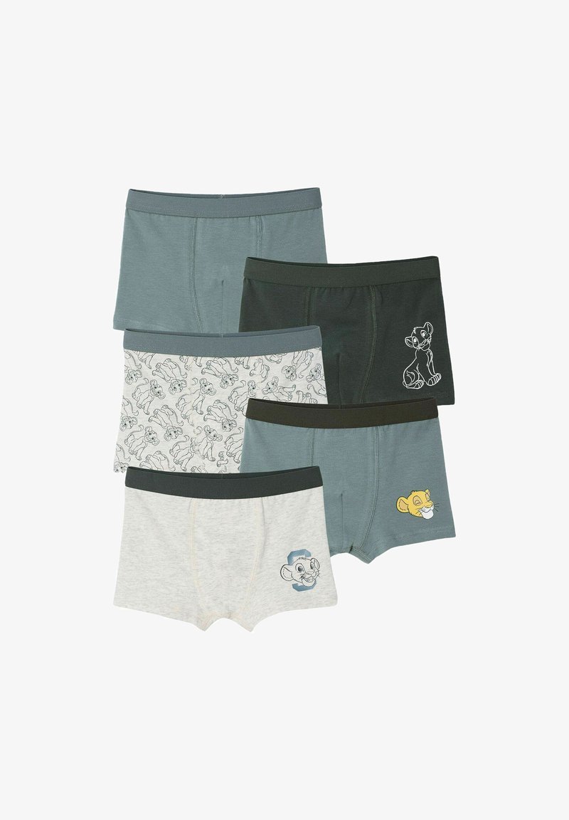Set of five pairs of boys' cotton boxer shorts. Colors include gray, green, and blue. Features cartoon character prints and contrasting waistbands.