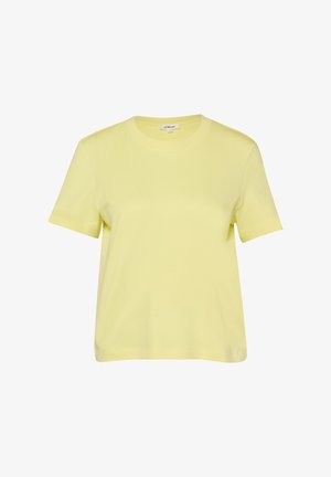 Kurzärmeliges, blassgelbes Baumwoll-T-Shirt mit Rundhalsausschnitt und lockerem Schnitt, dargestellt vor weißem Hintergrund.