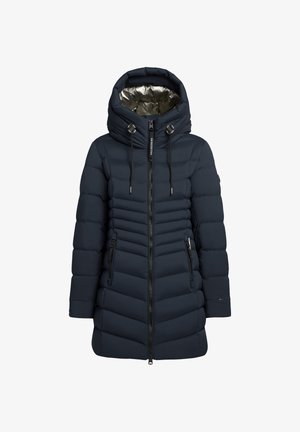 Marineblaue Steppjacke mit glänzendem silbernem Innenfutter, hohem Kragen, Reißverschluss vorne und zwei seitlichen Taschen, mit gestepptem horizontalem Design.