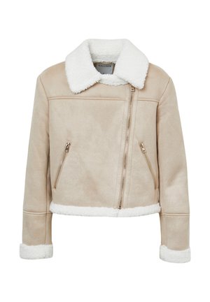 Giacca bomber beige con collo e polsini in finta shearling, chiusura con zip e due tasche laterali. Texture liscia simile alla suede.