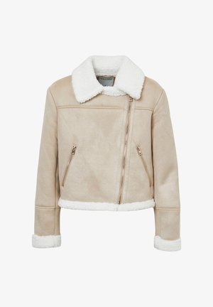 Giacca bomber beige con collo e polsini in finta shearling, chiusura con zip e due tasche laterali. Texture liscia simile alla suede.