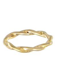 Bracciale in metallo dorato a spirale, con una texture liscia e lucida e una forma circolare continua, caratterizzato da un design unico a spirale.