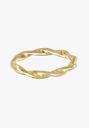 Brățară din metal împletit de culoare aurie, cu o textură netedă și lucioasă și o formă circulară continuă, având un design spiralat unic.